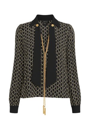 Blusa nera con catena dorata e motivo geometrico, maniche lunghe, colletto a cravatta nera e decorazioni con bottoni dorati sullo scollo.