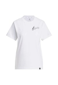 Bílé bavlněné tričko s krátkými rukávy, zdobené černým logem Adidas na hrudi a malou nášivkou s logem na lemu.