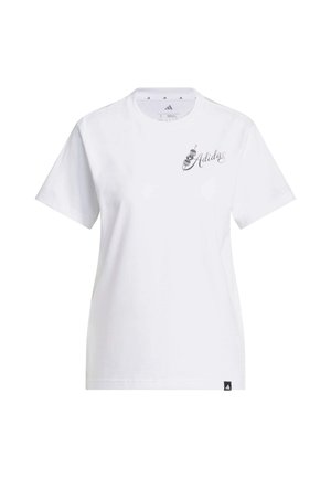 White cotton t-shirt with short sleeves, featuring a black Adidas logo on the chest and a small logo patch at the hem.