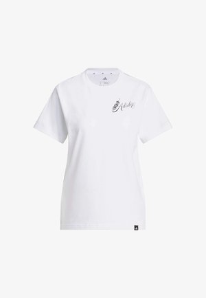 White cotton t-shirt with short sleeves, featuring a black Adidas logo on the chest and a small logo patch at the hem.