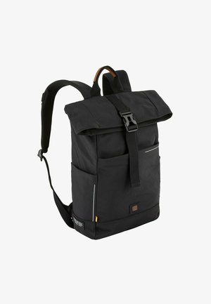 Black roll-top backpack made of durable fabric. Features adjustable straps, a front pocket, and reflective accents for visibility.