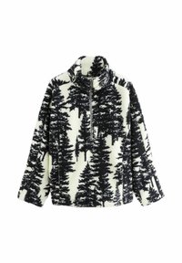 Pulover din fleece cu un model de copaci alb-negru. Are un guler înalt și un fermoar pe jumătate în față. Textură moale cu croială supradimensionată.