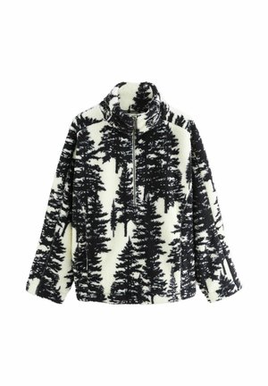 Fleeceový svetr s černobílým vzorem stromu. Disponuje vysokým límcem a polovičním zipem v přední části. Jemná textura a oversize fit.
