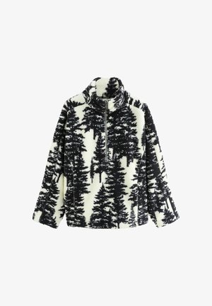 Pulover din fleece cu un model de copaci alb-negru. Are un guler înalt și un fermoar pe jumătate în față. Textură moale cu croială supradimensionată.