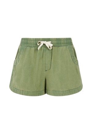 Shorts en lin verts avec une taille élastique, un cordon de serrage crème et des poches latérales. Présente une coupe décontractée et des ourlets roulés.