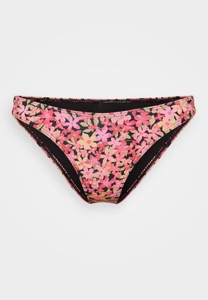 Virágmintás bikini alsó, rózsaszín és fekete színkombinációban, rózsaszín virágmintával, kényelmes illeszkedéssel és rugalmas derékrésszel tervezve.