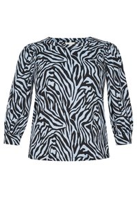Black and light blue zebra-patterned top with a round neckline and long, gathered sleeves. Fabric has a textured, ribbed appearance.
