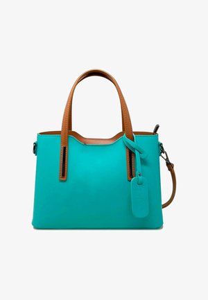 Borsa turchese con dettagli in pelle marrone, dotata di doppie maniglie, una tracolla removibile e un'etichetta attaccata sul lato.