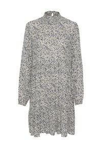Robe à imprimé floral en crème et marine, avec un col haut, des manches longues et une silhouette évasée, ornée d'un détail de bouton au dos.