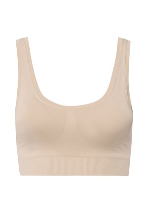 Sujetador inalámbrico beige con tirantes anchos, banda inferior acanalada, textura suave y costuras contorneadas para mayor apoyo. Sin cierres ni adornos.