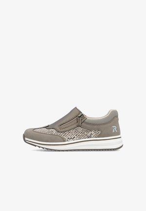 Niedrigprofilierter grauer Slip-On-Sneaker mit seitlichem Reißverschluss, Mesh-Einsätzen, gepolsterter weißer Sohle und "R"-Logo an der Ferse.