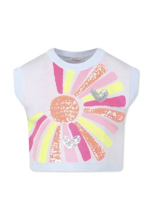 Top senza maniche bianco in maglia con un design floreale colorato arricchito da paillettes nei toni del rosa, giallo e arancione, e due dettagli a forma di cuore argentati.