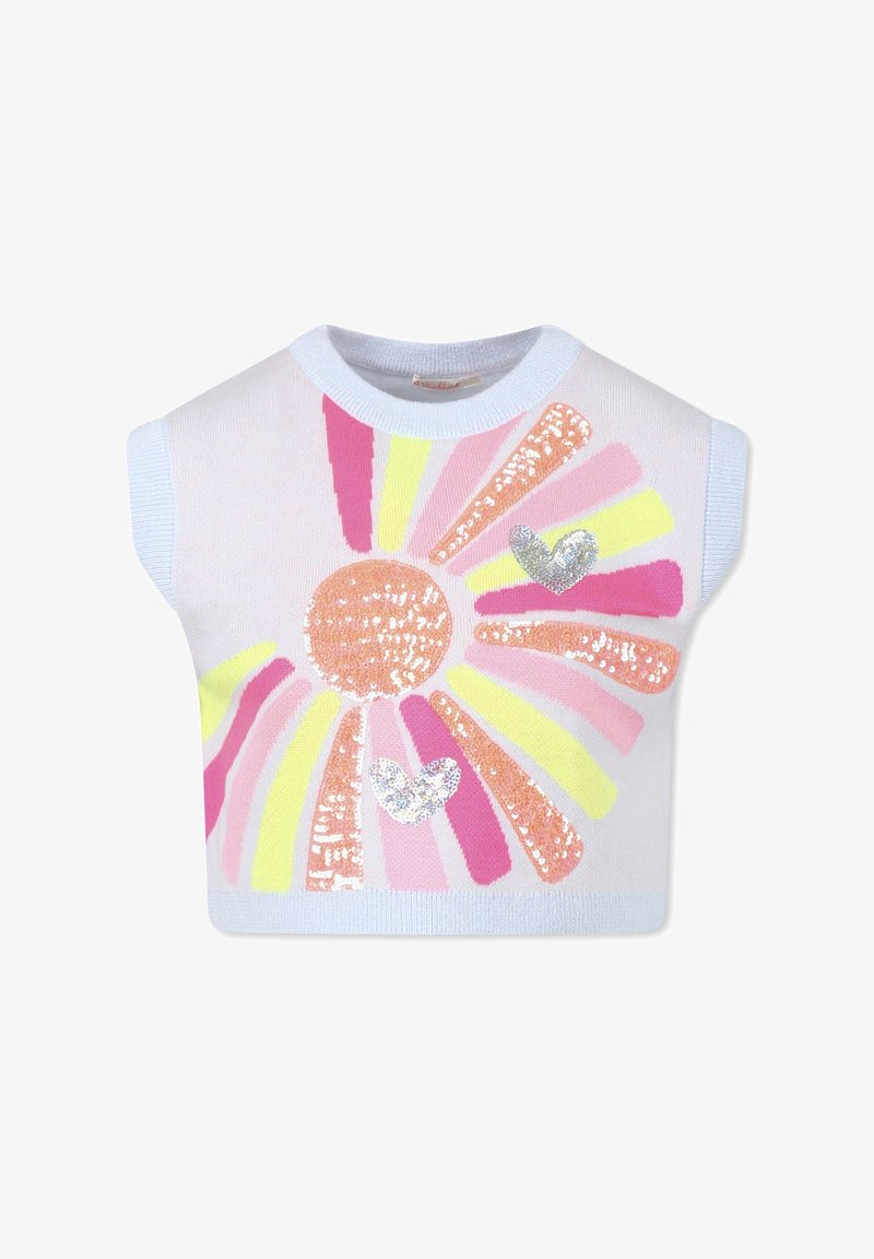 Witte mouwloze gebreide top met een kleurrijk bloemenontwerp met pailletten in roze, geel en oranje, en twee zilveren hartaccenten.