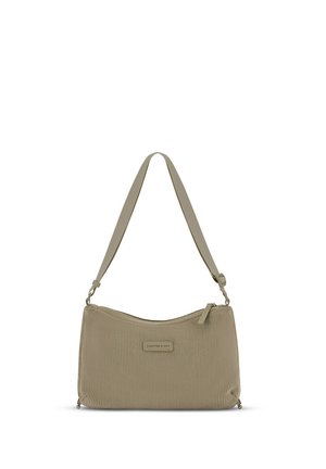 Beige schoudertas van geribd stof met verstelbare riem en ritssluiting, met het label "Kapten & Son" in het midden aan de voorkant.