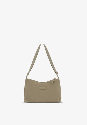 Beige schoudertas van geribd stof met verstelbare riem en ritssluiting, met het label "Kapten & Son" in het midden aan de voorkant.