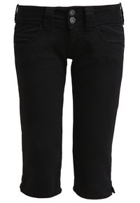 Pantalon court noir pour femmes avec double boutons à l'avant, passants de ceinture et poches avant, présenté sur un fond blanc.