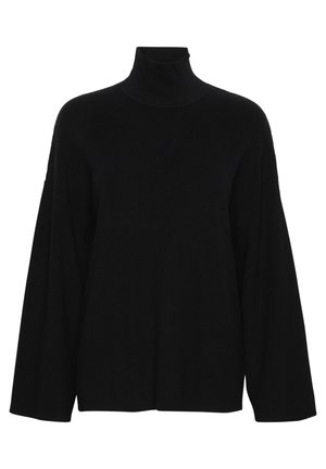 Maglione nero a collo alto realizzato in tessuto a coste. Presenta maniche lunghe e larghe e una vestibilità comoda con un colletto alto.