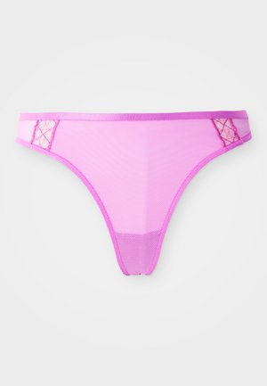 Pink sheer mesh women's thong underwear with solid trim and small lace diamond accents on waistband sides.