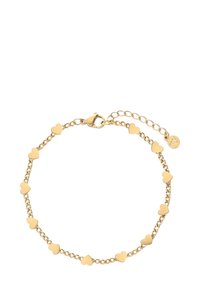 Pulsera de color dorado con un diseño de cadena que presenta enlaces pequeños en forma de corazón alternados y un cierre de langosta. Longitud ajustable.