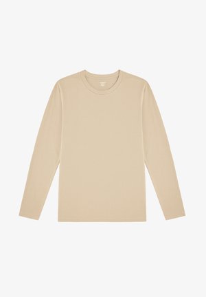 Beige langarm t-shirt gemaakt van zachte stof, met een ronde hals, rechte zoom en zonder zichtbare patronen of logo's.