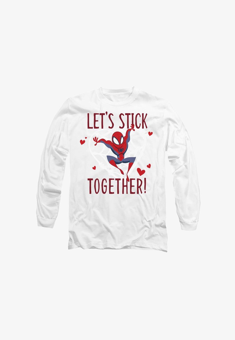 Weißes Langarm-T-Shirt mit einem Spider-Man-Graphic in Rot und Blau, umgeben von roten Herzen, mit dem Text "LASST UNS ZUSAMMENHALTEN!"