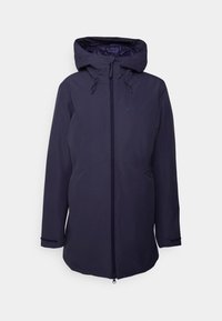 Marinblå vattentät jacka med huva, med en dragkedja fram, justerbara snoddar och elastiska ärmavslut. Slät textur och enhetlig färg.