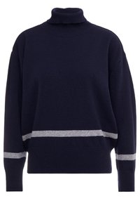 Navyblauer Rollkragenpullover mit langen Ärmeln und einem einzigen hellgrauen horizontalen Streifen über der Brust und den unteren Ärmeln.