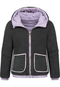 Fleeces jaka tumši pelēkā krāsā ar lilas iekšējo apdari, kapuci un divām priekšējām kabatām ar kontrastējošu baltu apmalīti. Ar rāvējslēdzēju.