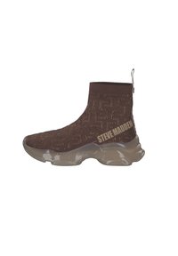 Bruine gebreide enkelboot met een patroonontwerp, transparante chunky zool en zijbranding. Stretch fit met een gestructureerde bovenkant.