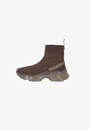 Braune Strickstiefelette mit einem gemusterten Design, transparenter, massiver Sohle und seitlichem Branding. Dehnbarer Schnitt mit strukturiertem Obermaterial.