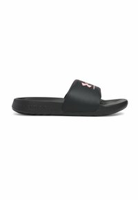 Sort hælflip-flop med en glat syntetisk overdel, der har et pink logo og en komfortabel fodseng. Tekstureret sål for bedre greb.