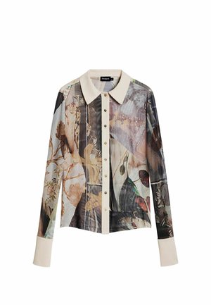 Cămașă cu mâneci lungi, cu guler și mansete de culoare crem, având un material transparent, multicolor, cu motive florale și abstracte.