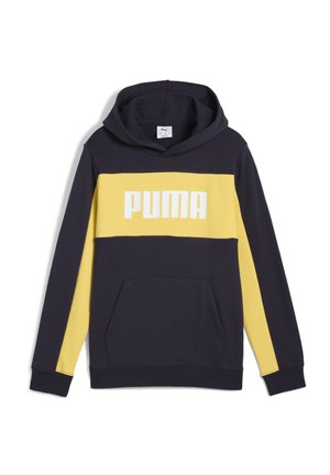 Tummansininen huppari, jossa on keltainen rintaosa, suuri valkoinen "PUMA" -logo, etutasku ja säädettävä nyöripooli. Pehmeää puuvillasekoitemateriaalia.