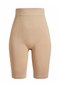 Beige High-Waist-Shorts aus einem glatten, dehnbaren Material. Mit gerippter Textur und engem Sitz an der Taille und den Oberschenkeln.