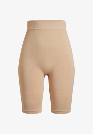 Pantaloni shorts beige a vita alta realizzati in un materiale liscio e elastico. Presentano una texture a coste e una vestibilità aderente attorno alla vita e alle cosce.