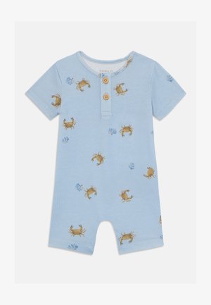 Svetlo modri kratki kombinezon iz mehkega bombaža, z vzorcem raka in morske trave, s lesenimi gumbi na vratu za enostavno oblačenje.