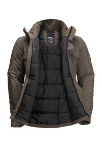 Brown puffer jacket with a zip and snap front, featuring a black insulated lining, high collar, and quilted interior details.
