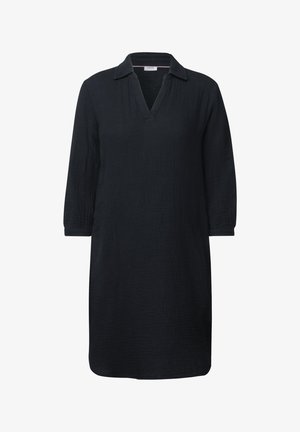 Vestito nero con colletto realizzato in tessuto testurizzato, con scollo a V e maniche a tre quarti, caratterizzato da una silhouette dritta e rilassata.