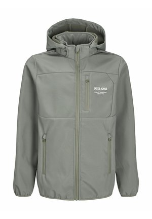Graue Zip-Jacke mit Kapuze, ausgestattet mit zwei Seitentaschen und einer Brusttasche. Hergestellt aus glattem Material mit leicht strukturiertem Innenfutter.