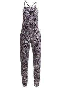 Monos de leopardo con tirantes finos, cintura elástica y piernas ajustadas. La tela presenta un fondo oscuro con un patrón de manchas coloridas.