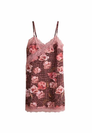 Ärmelloses rosa florales Slip-Kleid mit Spitzenbesatz am Ausschnitt und Saum, mit einer Mischung aus Blumen auf gemustertem braunem Hintergrund.