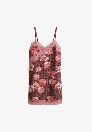 Ärmelloses rosa florales Slip-Kleid mit Spitzenbesatz am Ausschnitt und Saum, mit einer Mischung aus Blumen auf gemustertem braunem Hintergrund.