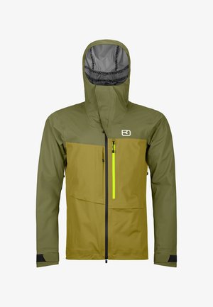 Green and mustard waterproof jacket with a hood, featuring a vertical zippered pocket and black accents. Smooth texture and structured design.