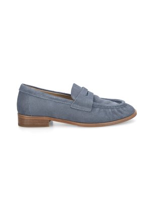 Blue suede loafer with low wooden heel, moccasin stitching, and strap detail across the top, shown in side view on a white background.