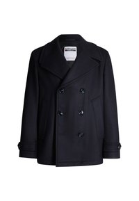 Schwarzer, doppelt geknöpfter Männer-Peacoat mit breiten Revers, sechs Knöpfen, seitlichen Taschen und geknöpften Manschetten, der Marke Strellson.