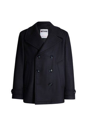 Mannen zwarte dubbelgebreide pea coat met brede revers, zes knopen, zijzakken en knoopmanschetten, gelabeld met het merk Strellson.