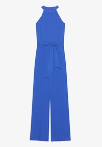 Blå ärmlös jumpsuit med hög hals, veckat tyg och ett knytbälte i midjan. Har vida byxor och bakre dragkedja.