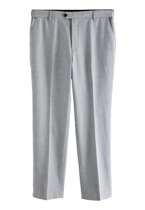 Sive hlače iz teksturirane tkanine, z gumbno zapiranjem, ravnimi hlačnicami in stranskimi žepi.