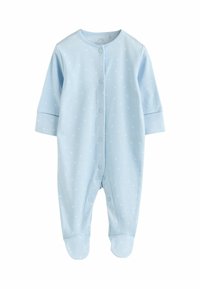Body pentru bebeluși de culoare albastru deschis, confecționat dintr-un material moale, cu mâneci lungi, design acoperit la picioare, închidere cu nasturi și model cu buline albe.