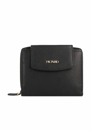 Black leather wallet with a textured finish, featuring a flap closure and a gold logo accent. Compact design with a zippered compartment.